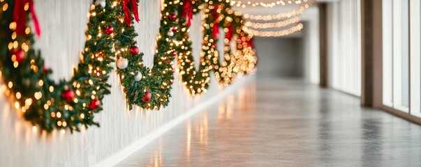 A festive corridor adorned with Christmas wreaths and twinkling lights, creating a warm holiday atmosphere.