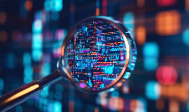 A close-up shot of a magnifying glass scanning over icons that represent coding and programming languages, featuring binary code in the background