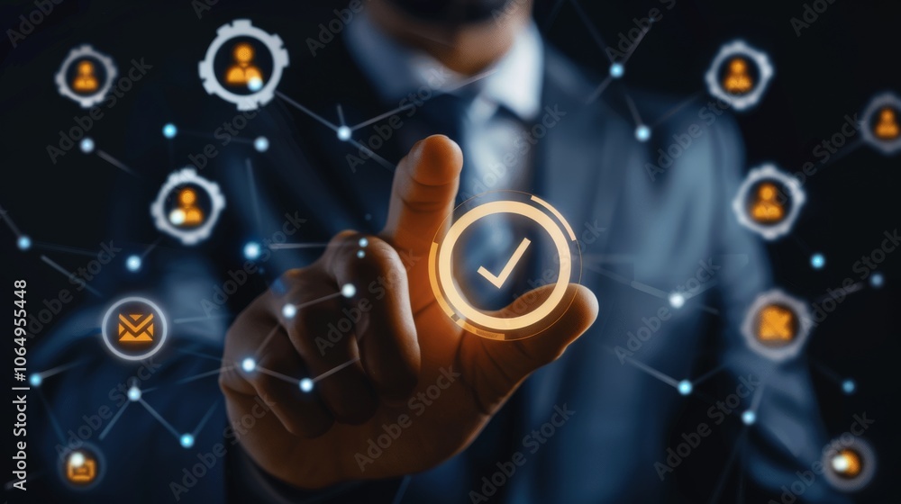 Poster in a digital network, a businessman interacts with a virtual check mark symbolizing approval and inn