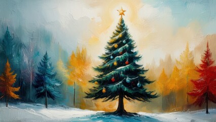 Fototapeta premium A beautifully painted Christmas tree adorned with colorful ornaments, set against a serene sunset background, evoking holiday warmth and joy