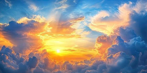 Naklejka premium Stunning clouds of golden yellow beautify the sky at sunset, blending with blue shades in a summer panorama, creating a captivating wallpaper scene.