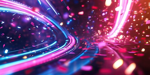 Casino themed background featuring vibrant neon lights and festive confetti, creating a party atmosphere for a gambling event, with space available for additional text.