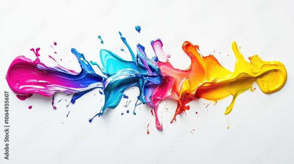 Poster aerial view of vibrant paint spilling on a white background, creating an artistic blend of colors wi