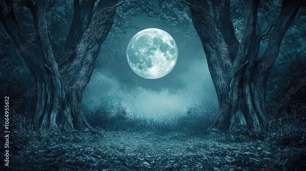 Poster serene dual moonlit dusk scene with a captivating ambiance in a dark forest setting, perfect for add