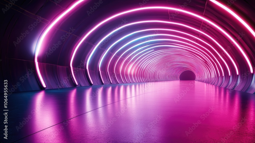 Poster 3d render of an abstract tunnel with retro curvy lines illuminated by red neon lights, creating a fu