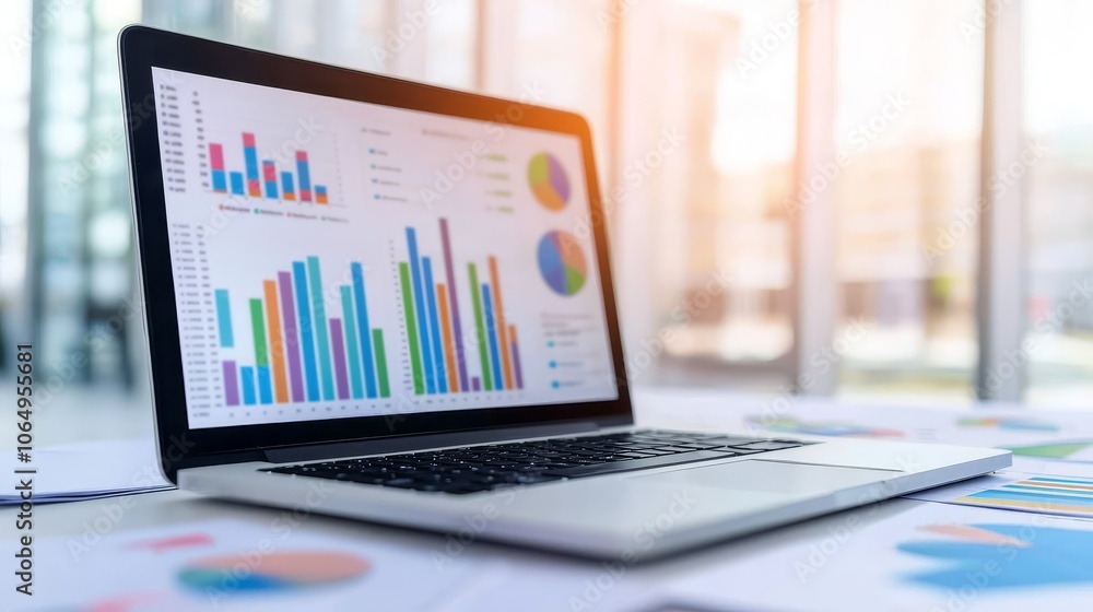 Poster a laptop displays colorful graphs and charts, symbolizing data analysis and business insights in a m