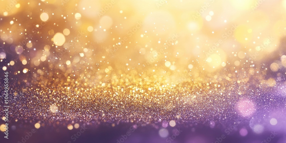 Poster blurred abstract background shimmering with sparkles in gold and purple hues, creating a visually ca