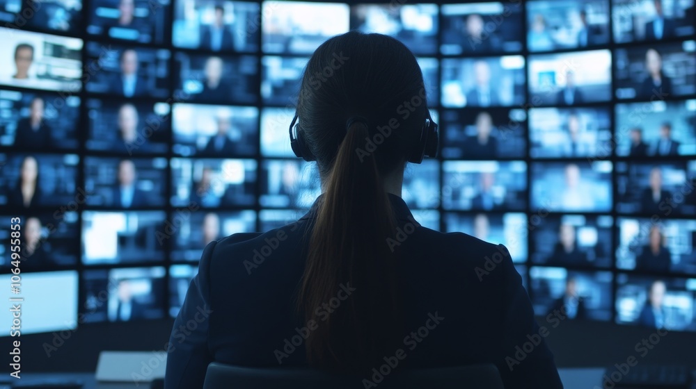 Poster cybersecurity analyst monitoring multiple screens