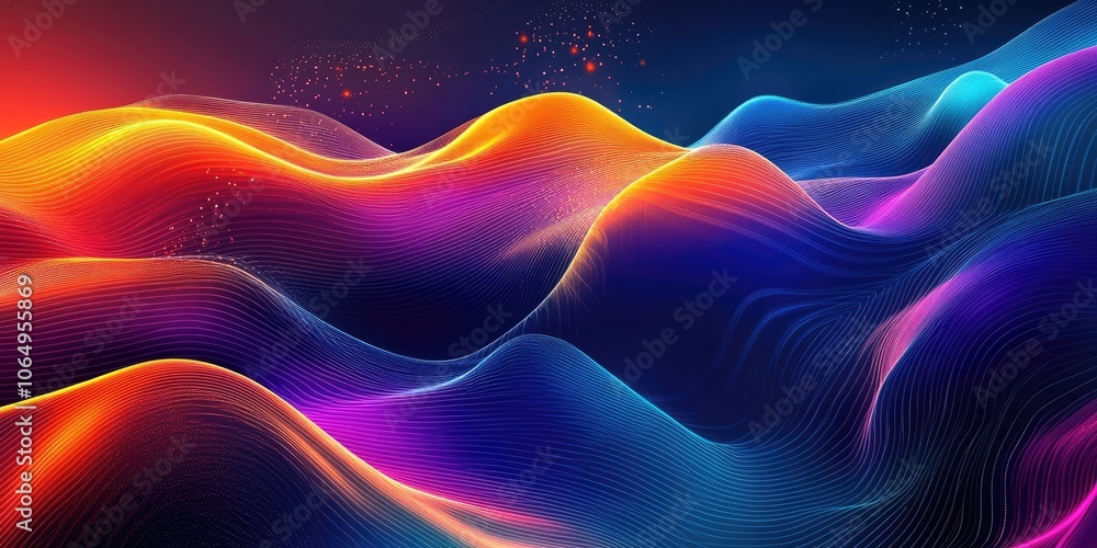 Poster modern 3d background featuring abstract topography, with elements of terrain, waves, and light creat