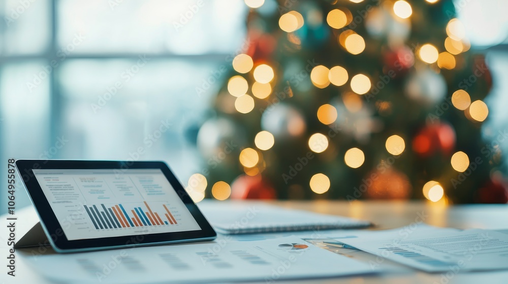 Aufkleber a tablet displaying graphs sits on a table near a beautifully decorated christmas tree, creating a f
