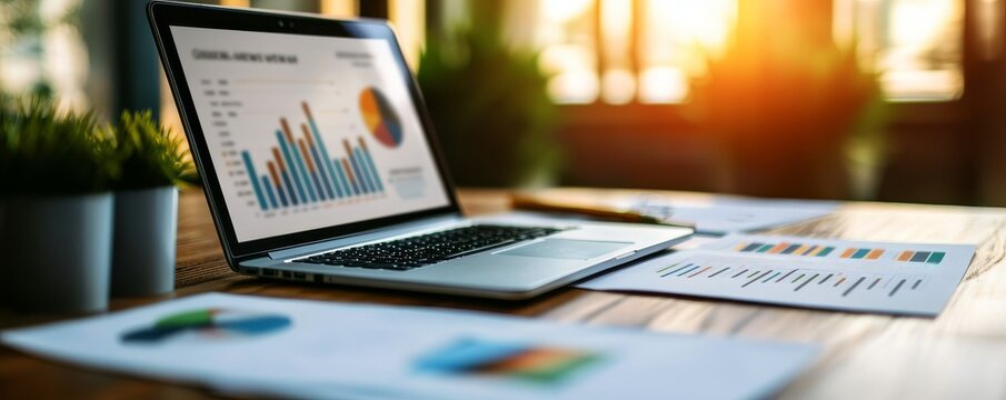 A sleek laptop displaying charts and graphs, surrounded by documents and greenery, bathed in warm sunlight.