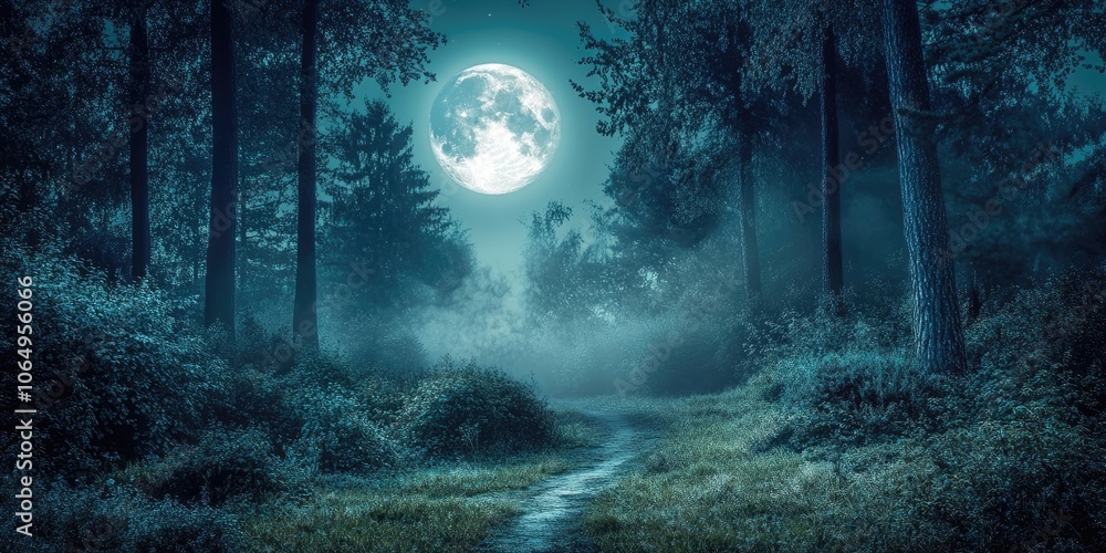 Poster a magical night illuminated by the moon, shrouded in a mysterious fog and surrounded by towering tre