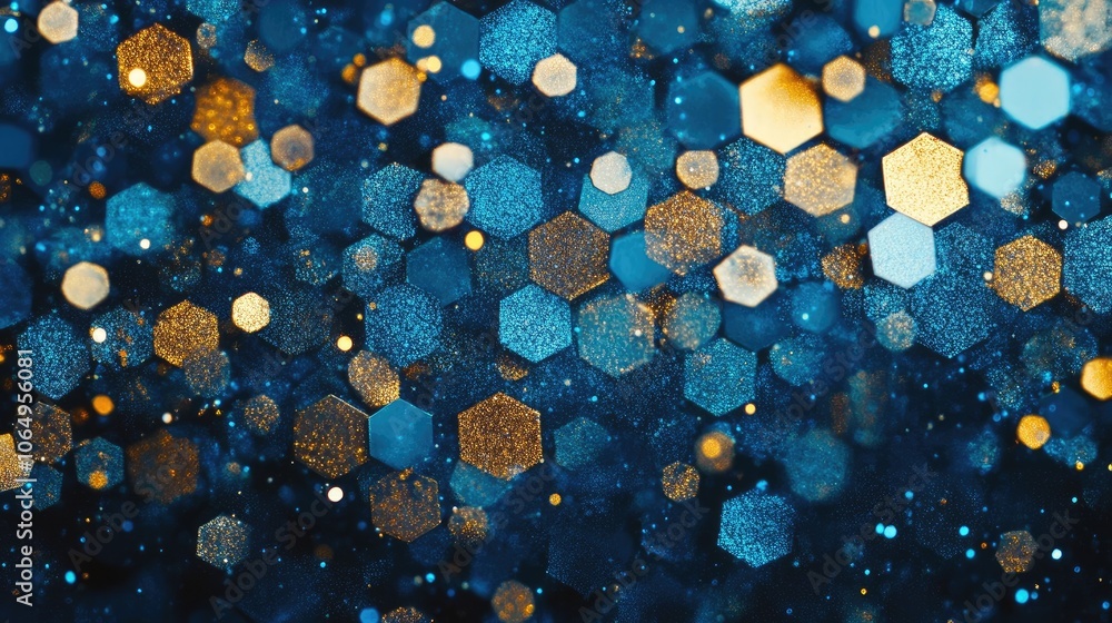 Poster abstract hexagonal design with glitter in blue and gold tones creates a captivating background. the 