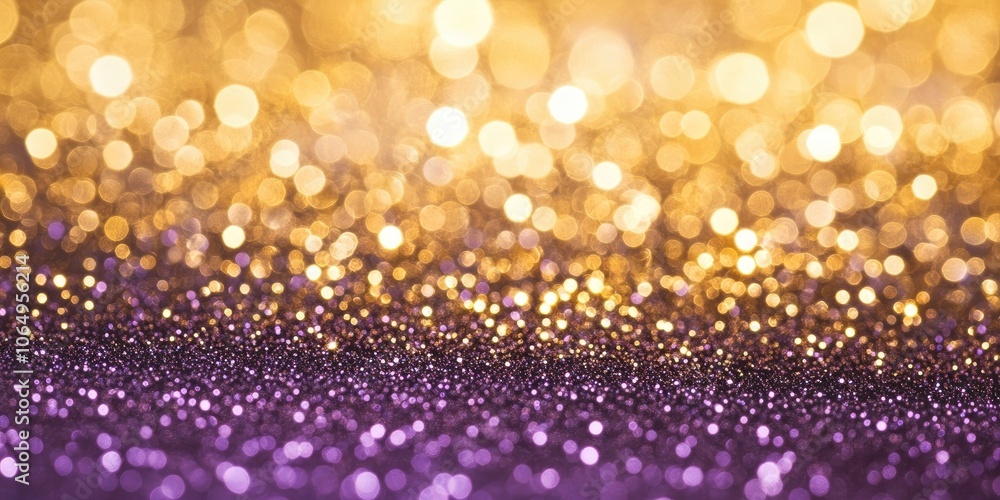 Poster blurred abstract background shimmering with sparkles in gold and purple hues, creating a visually ca