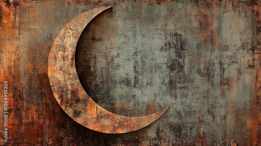 Poster grunge texture of half moon shape on a wall panel combines cement and rusty metal, creating a unique