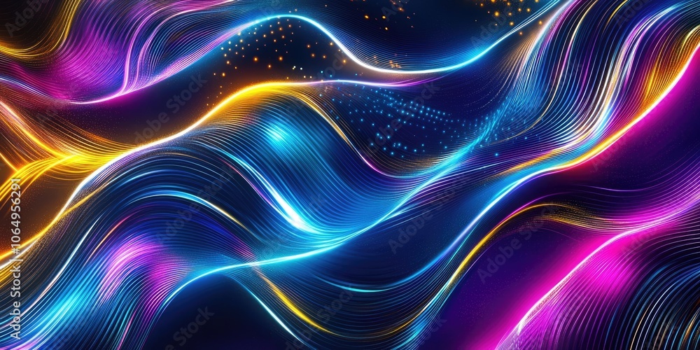 Poster a backdrop featuring lines of neon laser lights in blue, silver, and gold creates an abstract design