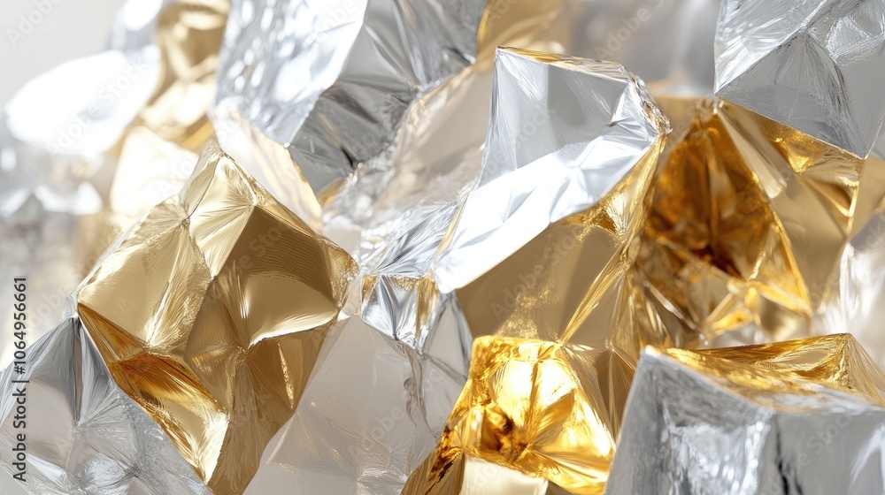 Poster gold and silver shapes create a striking contrast against a white background, offering a visually ap