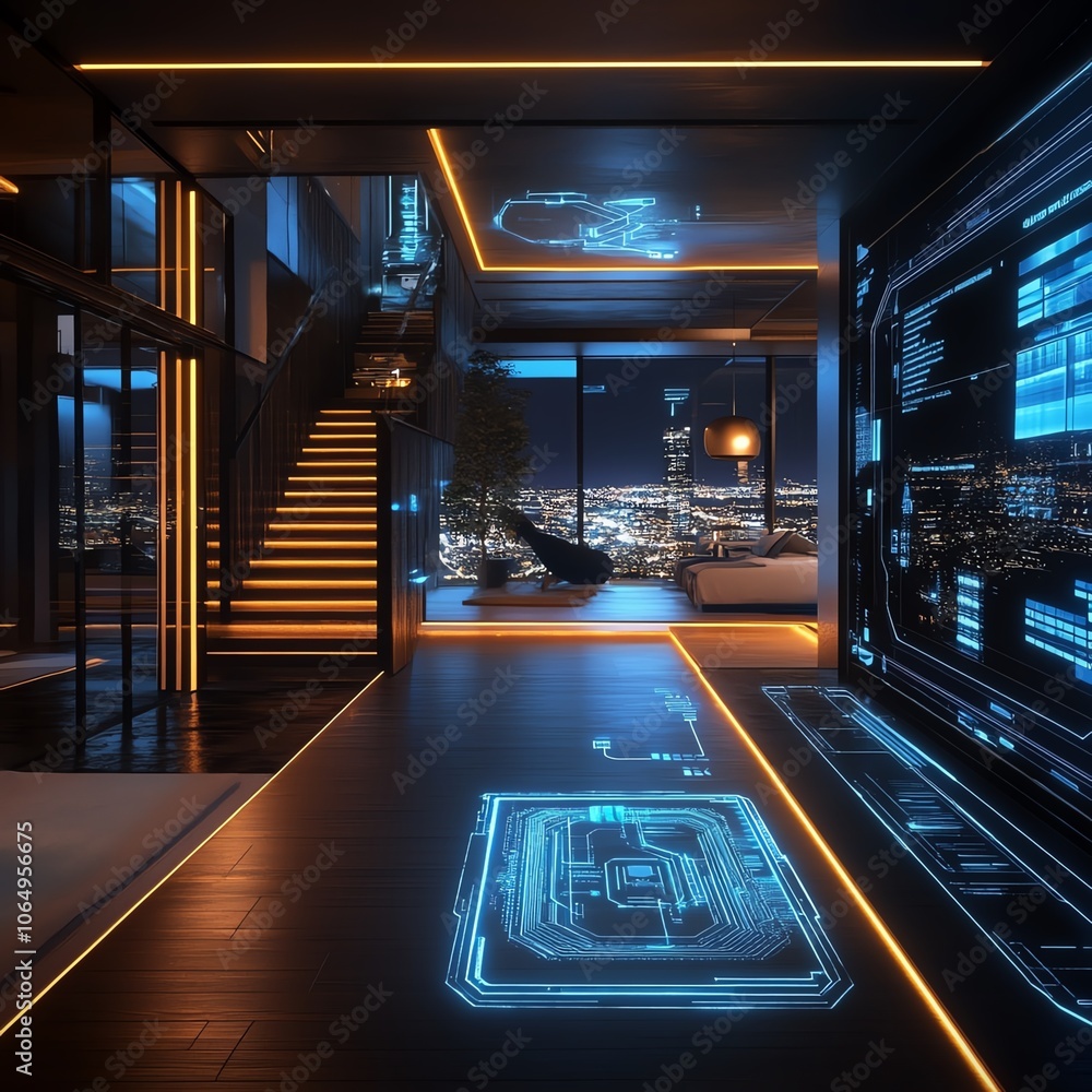 Poster virtual home control, futuristic blockchain security, smart device integration, immersive ux