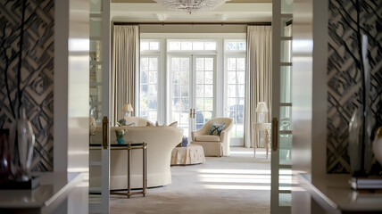 Obraz premium Bright and airy living room view through elegant entryway, featuring stylish furniture, large windows with natural light, and modern decor on textured walls.