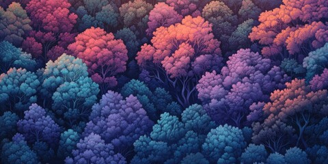 Birds eye perspective of an untouched forest bathed in the soft glow of dawn, revealing vivid hues of the trees along with their fascinating shadows.