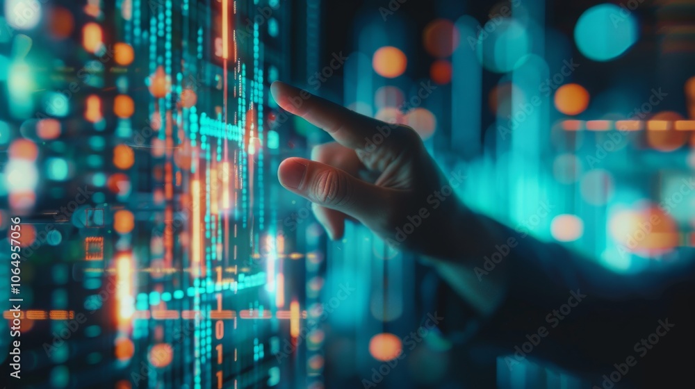 Poster Hand interacting with digital interface, showcasing advanced technology, data visualization in modern, hightech environment. Vibrant colors and abstract design emphasize innovation