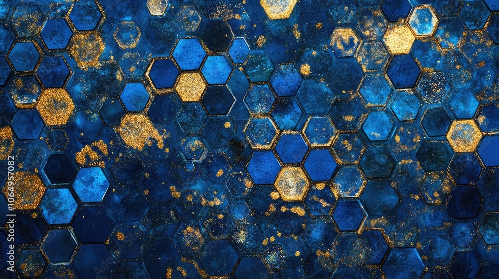 Poster abstract hexagonal design with glitter in blue and gold tones creates a captivating background. the 