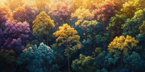 Fototapeta premium Birds eye perspective of an untouched forest bathed in the soft glow of dawn, revealing vivid hues of the trees along with their fascinating shadows.