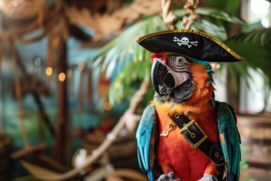 Vibrant parrot in pirate hat: nautical adventure theme
