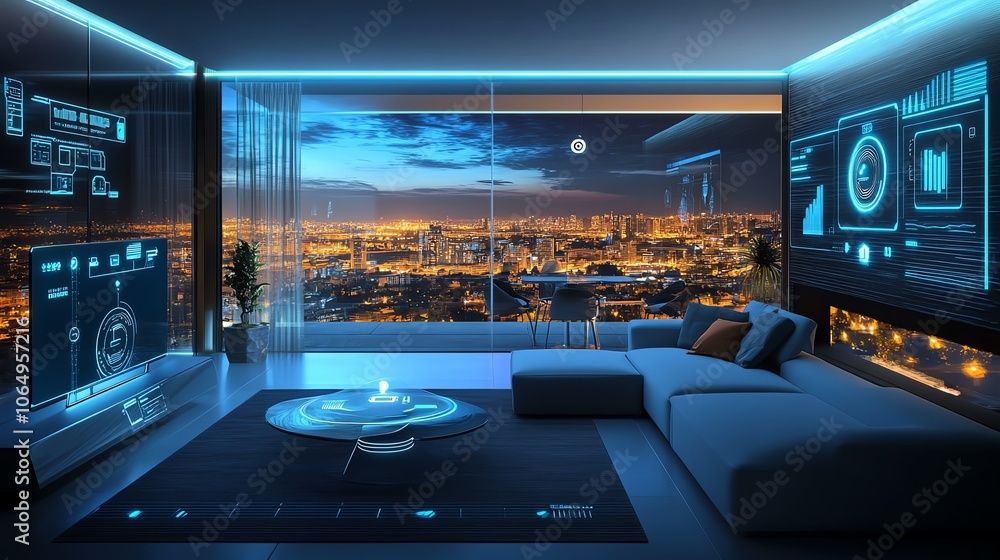 Poster advanced home tech, blockchainbased security, futuristic ux, virtual control interface