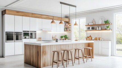 A modern and functional kitchen with a mix of white and wood cabinetry