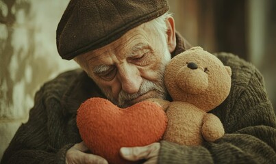 Elderly man holding teddy bear and heart.
