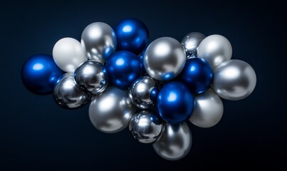 Fototapeta premium A cluster of silver, white, and blue balloons against a deep navy backdrop.