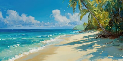 A tropical shoreline featuring pristine blue waters and a sandy beach is depicted, highlighting the beauty of the natural landscape with azure seas and soft, sandy stretches.