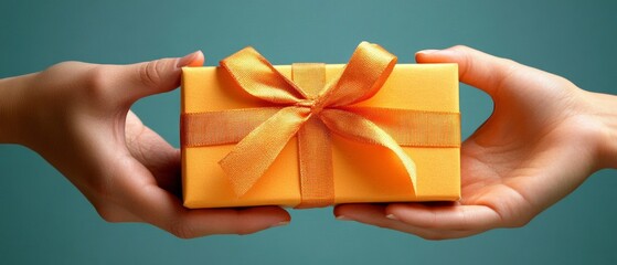 Two hands gracefully exchange a vibrant yellow gift certificate, showcasing a festive bow, symbolizing generosity and celebration of special moments