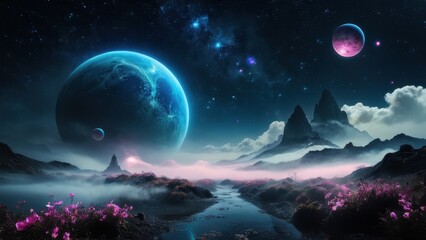 A mystical landscape featuring glowing spheres and a starry sky, shrouded in mist with a silhouette walking along a path, evoking a sense of wonder and exploration