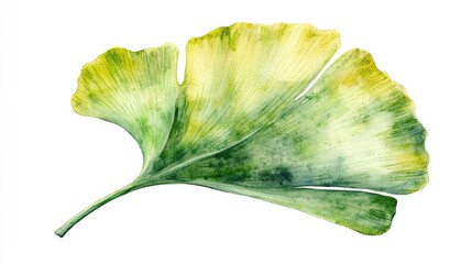Watercolor illustration depicting a vibrant green Ginkgo leaf, capturing its unique shape and texture, perfect for providing a natural touch with ample copy space.
