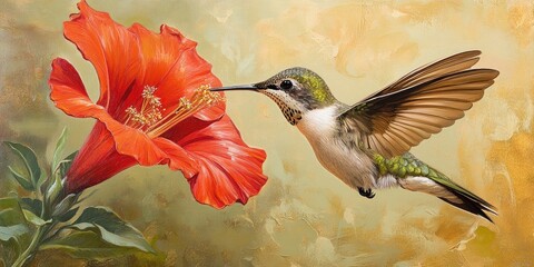 A close up view captures a hummingbird sipping nectar from a vibrant red trumpet flower, showcasing the birds delicate interaction with the blooming plant.
