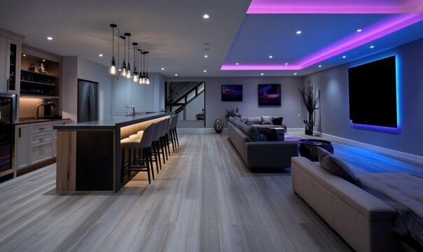 A contemporary finished basement showcases a cozy home theater area and a chic bar, designed with light grey vinyl flooring and stylish lighting fixtures for a welcoming atmosphere
