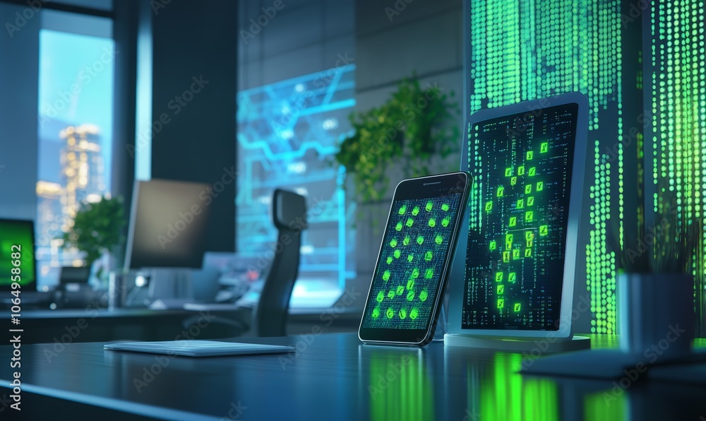 Poster a contemporary office space with a smartphone on a desk displaying a screen full of green checkmarks