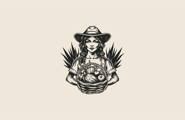 female farmer carrying a basket full of fruit vintage design vector