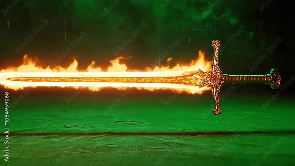 Poster flaming medieval sword on a green screen, perfect for fantasy or action projects. ideal for composit