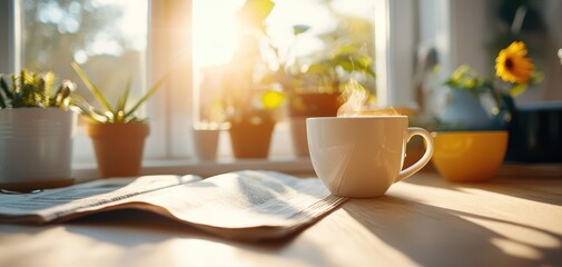 A cozy Sunday morning scene with coffee, a newspaper, and sunlight streaming through the window, Sunday morning vibes, relaxation