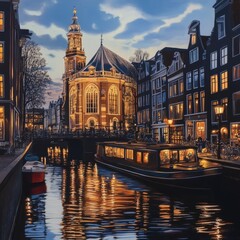 Fototapeta premium Sunset view of Amsterdam's St. Nicholas Church.