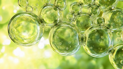 Lively green bubbles create an abstract circular design, filling the frame with color and energy. The vibrant green bubbles offer an intriguing visual with ample copy space.