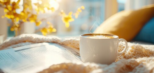 A cozy Sunday morning scene with coffee, a newspaper, and sunlight streaming through the window, Sunday morning vibes, relaxation
