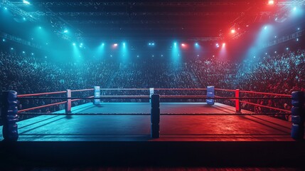 Empty boxing ring in a packed arena under colorful lights