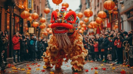 Chinese New Year lion dance performance, with bright red and gold costumes, surrounded by spectators in a festive street filled with lanterns