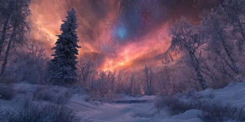 A striking and colorful Aurora Borealis lighting up the frosty woodland landscape, creating a captivating and magical display in the icy forest.