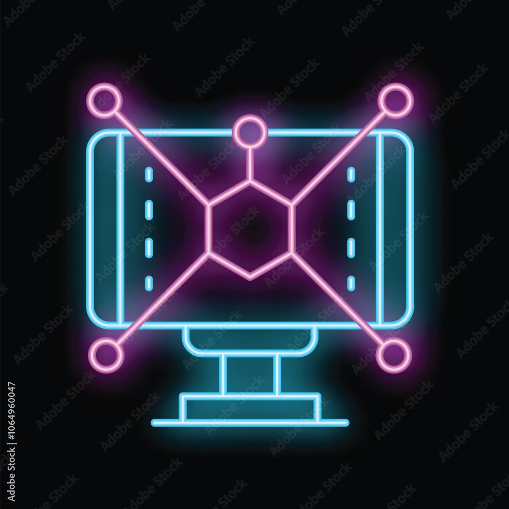 Poster neon icon of a computer network using blockchain technology, glowing on a black background