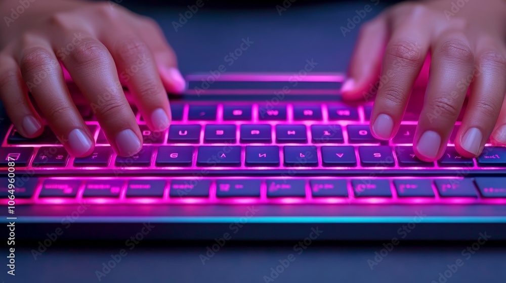 Poster pink-lit keyboard: close-up shot of hands typing on a keyboard with vibrant pink lighting. focus on 